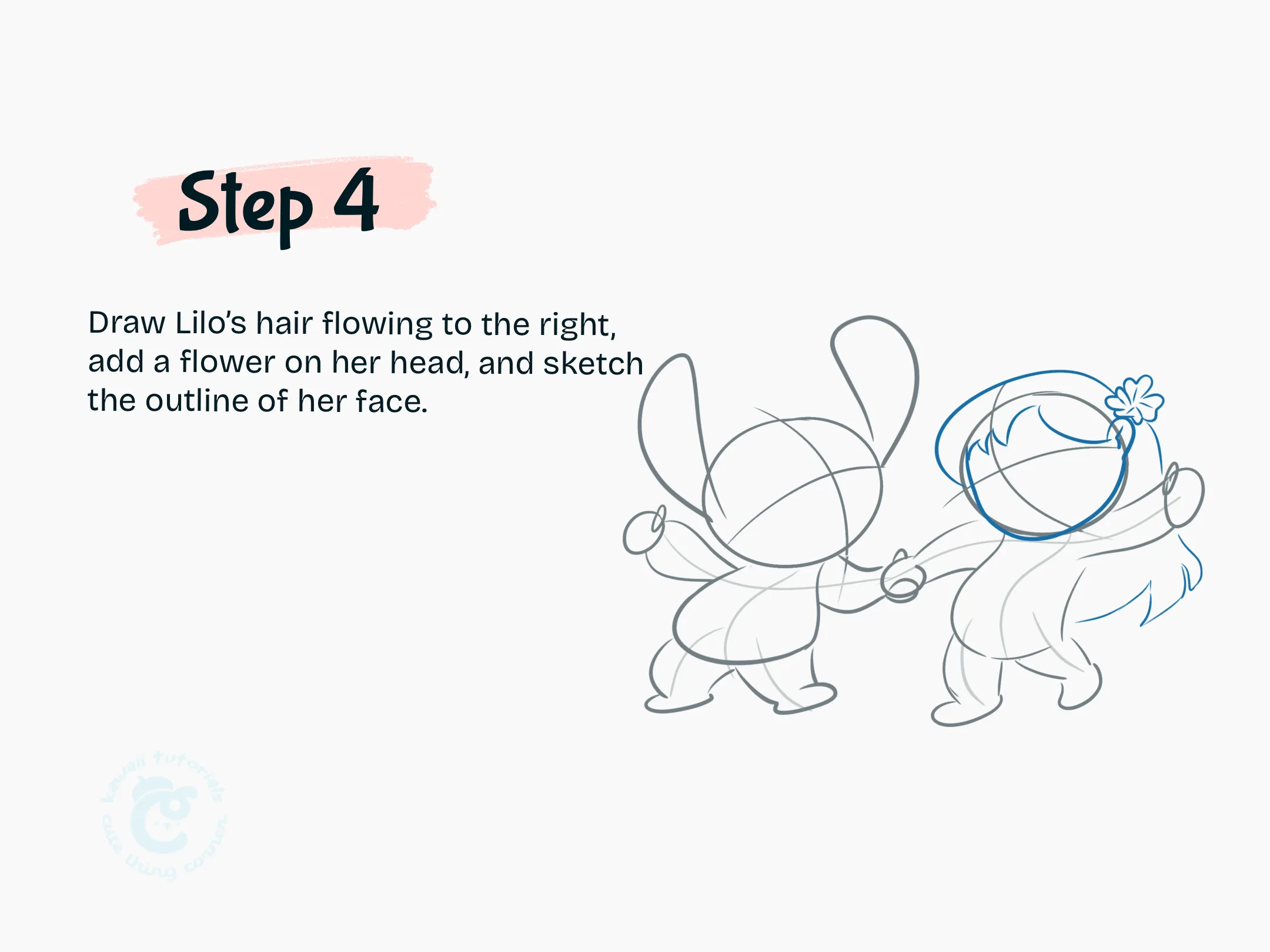 Step 4 Draw Lilo's hair flowing to the right