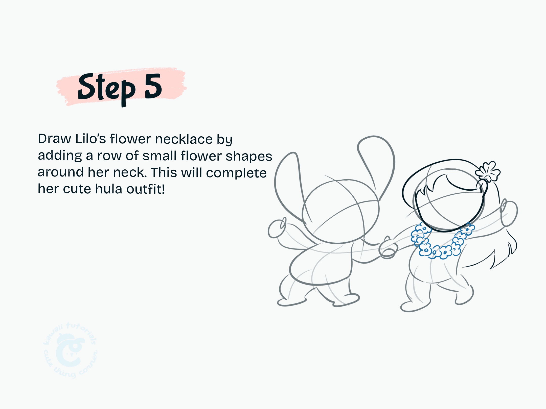 Step 5 Draw Lilo flower necklace by adding a row of small flower shapes around here
