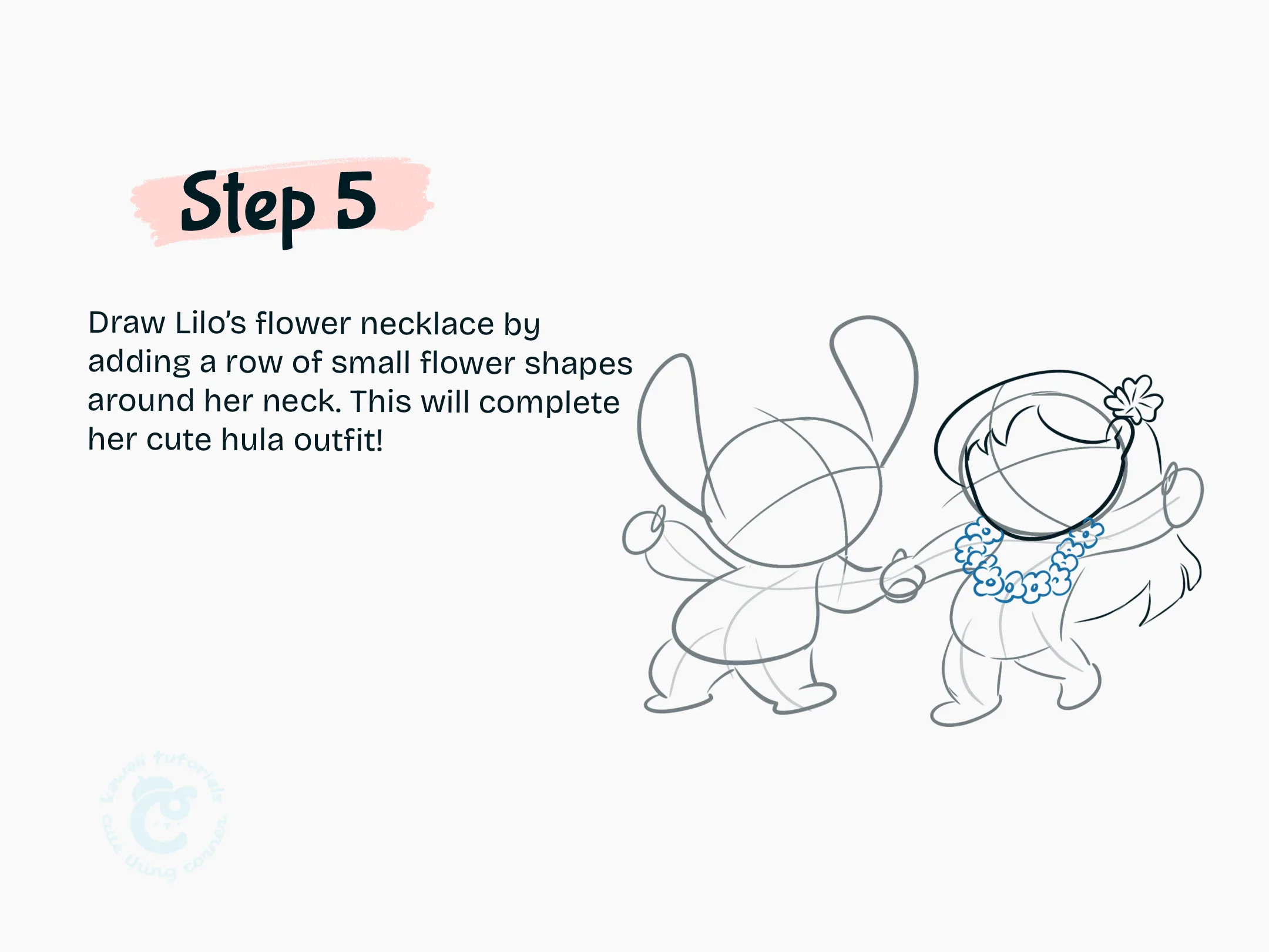 Step 5 Draw Lilo flower necklace by adding a row of small flower shapes around here
