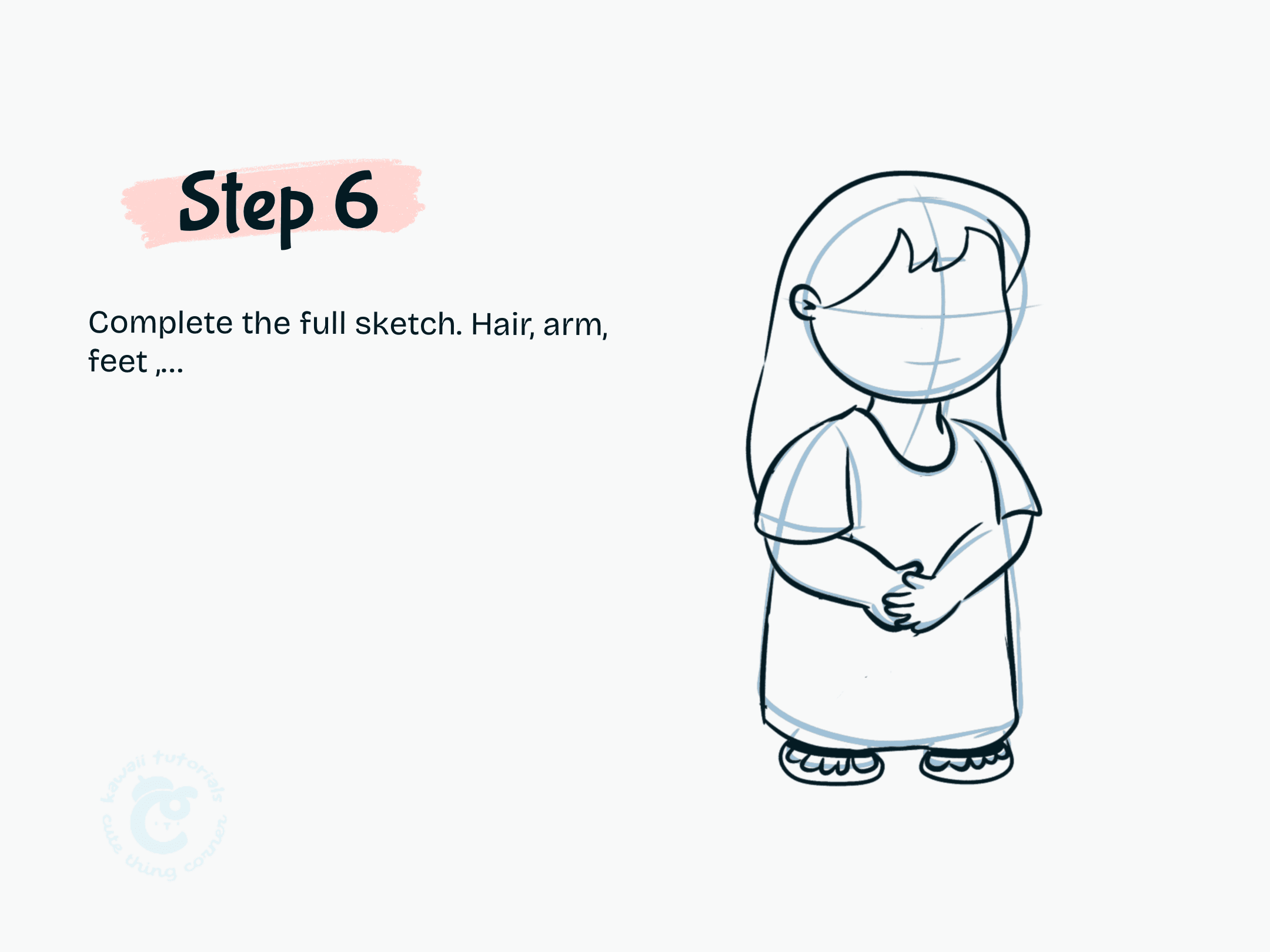 Step 6 Complete the sketch by adding her hair, facial lines, and cleaning up the body outline.