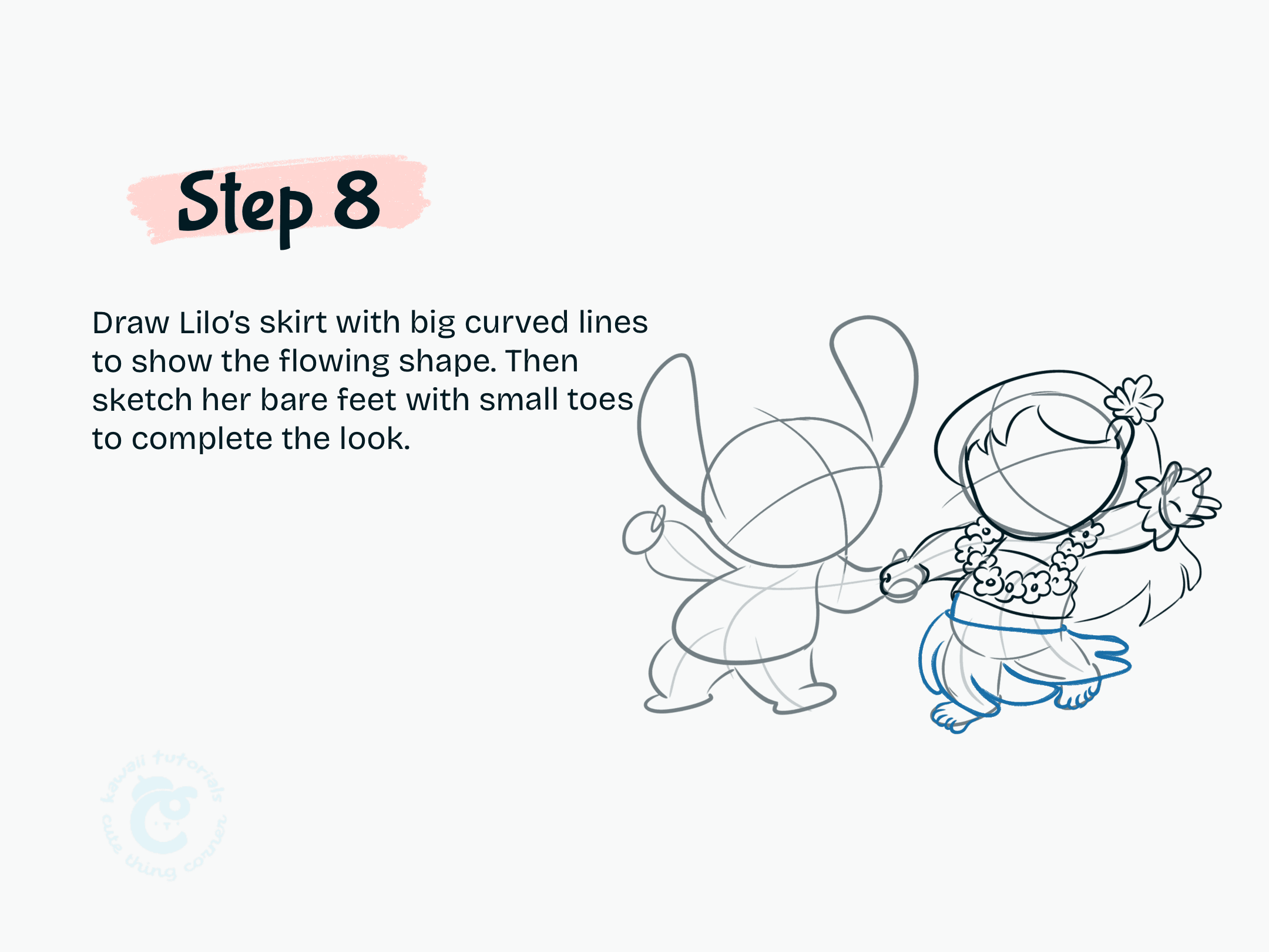 Step 8 Draw Lilo skirt with big curved lines to show the flowing shape