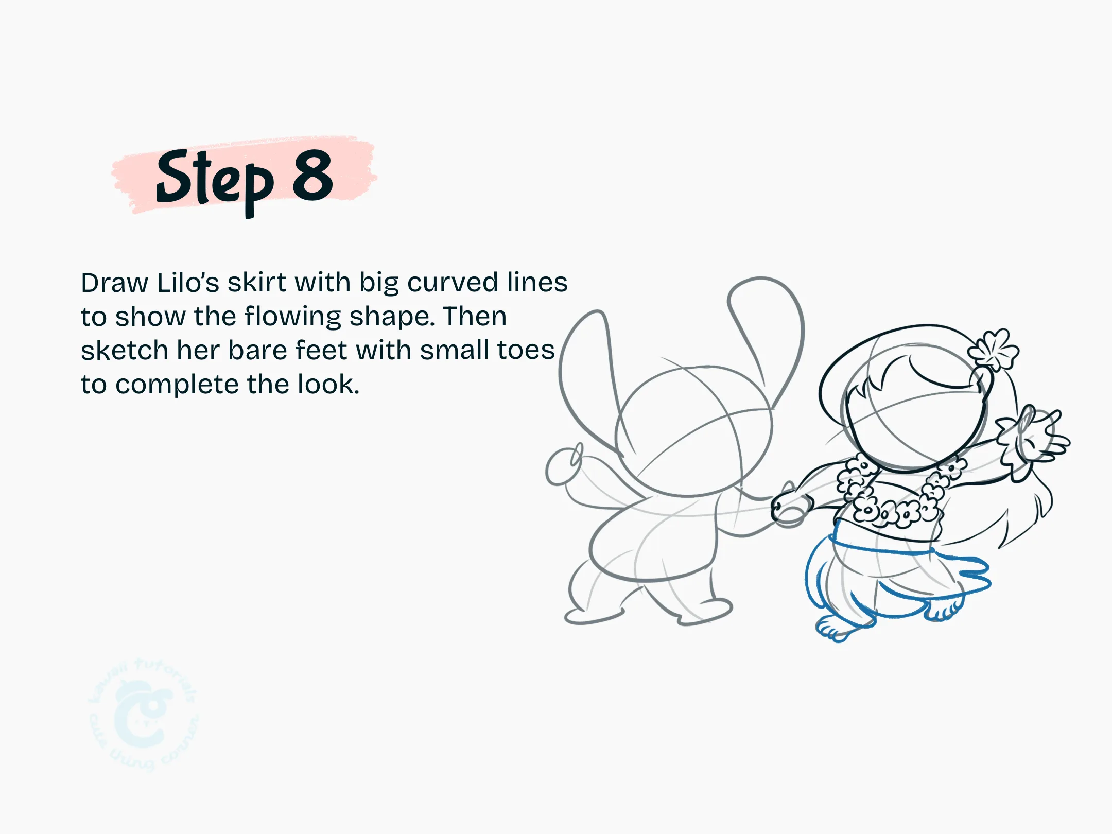 Step 8 Draw Lilo skirt with big curved lines to show the flowing shape