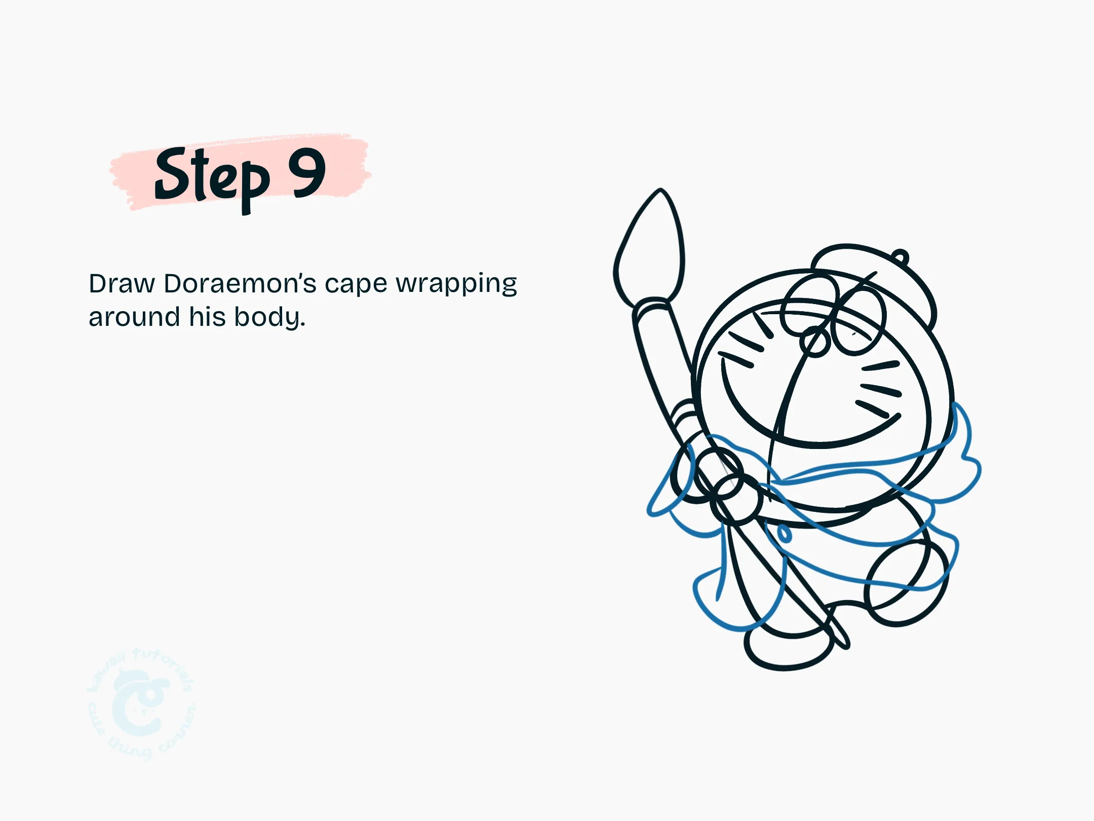 Step 9 Draw Doraemon's cape wrapping around his body