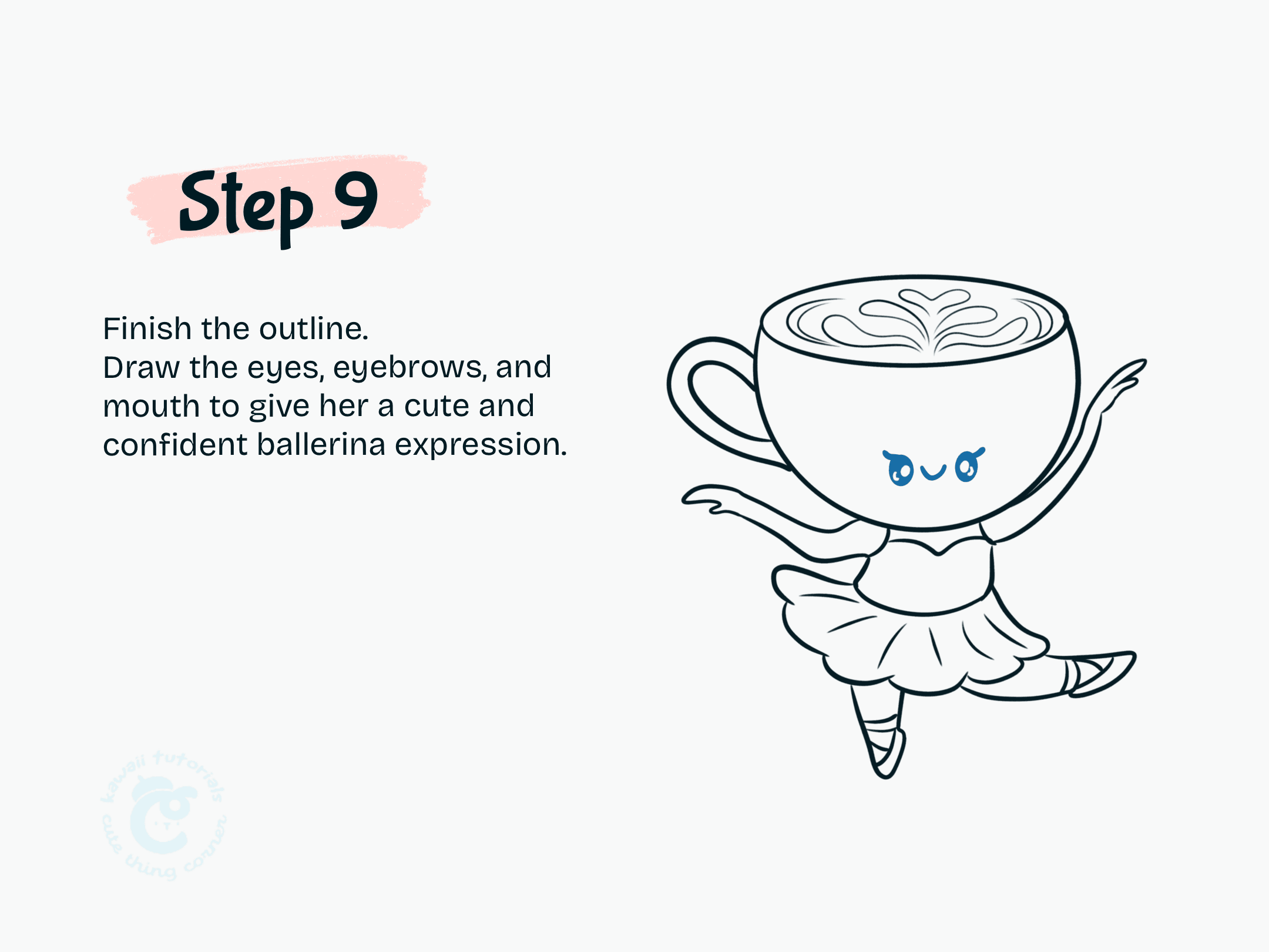 Step 9 Draw the eyes, eyebrows, and mouth to give her a cute and confident ballerina expression