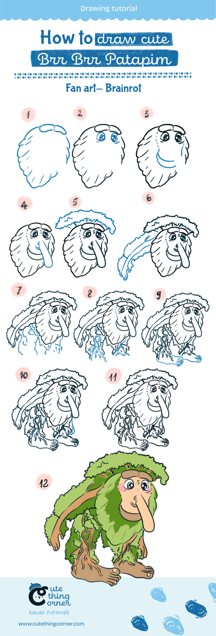 How to draw cute Brr Bri Patapim (Step-by-step)