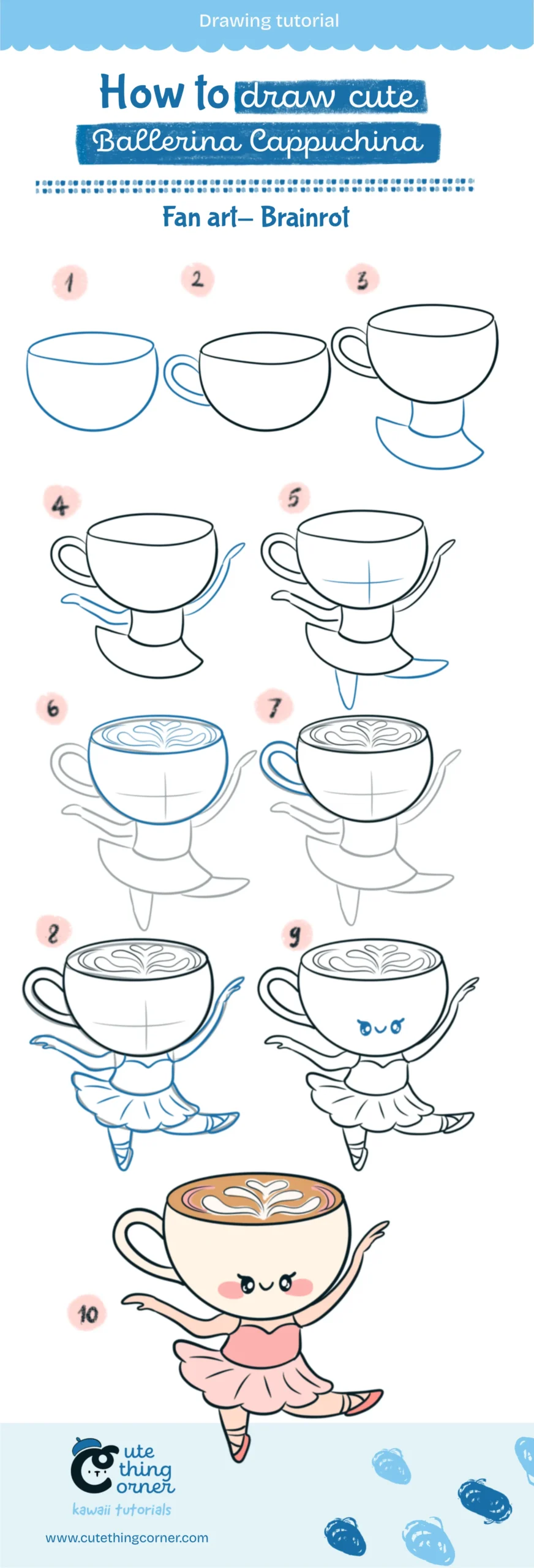 How to draw cute Ballerina Cappuchina (Step-by-step)
