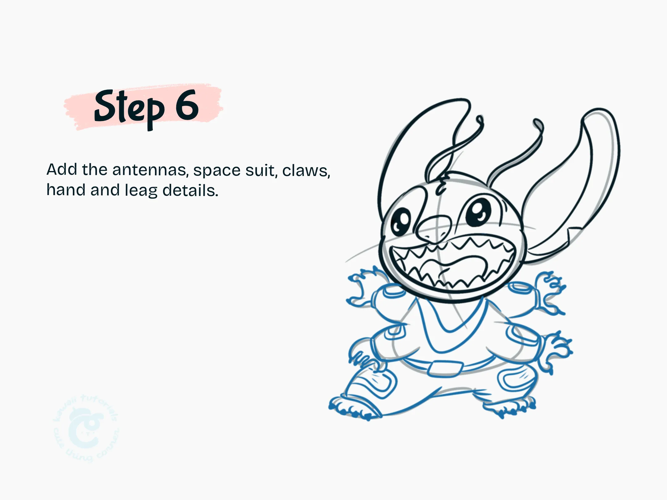 Add the antennas, space suit, claws, hand and leag details
