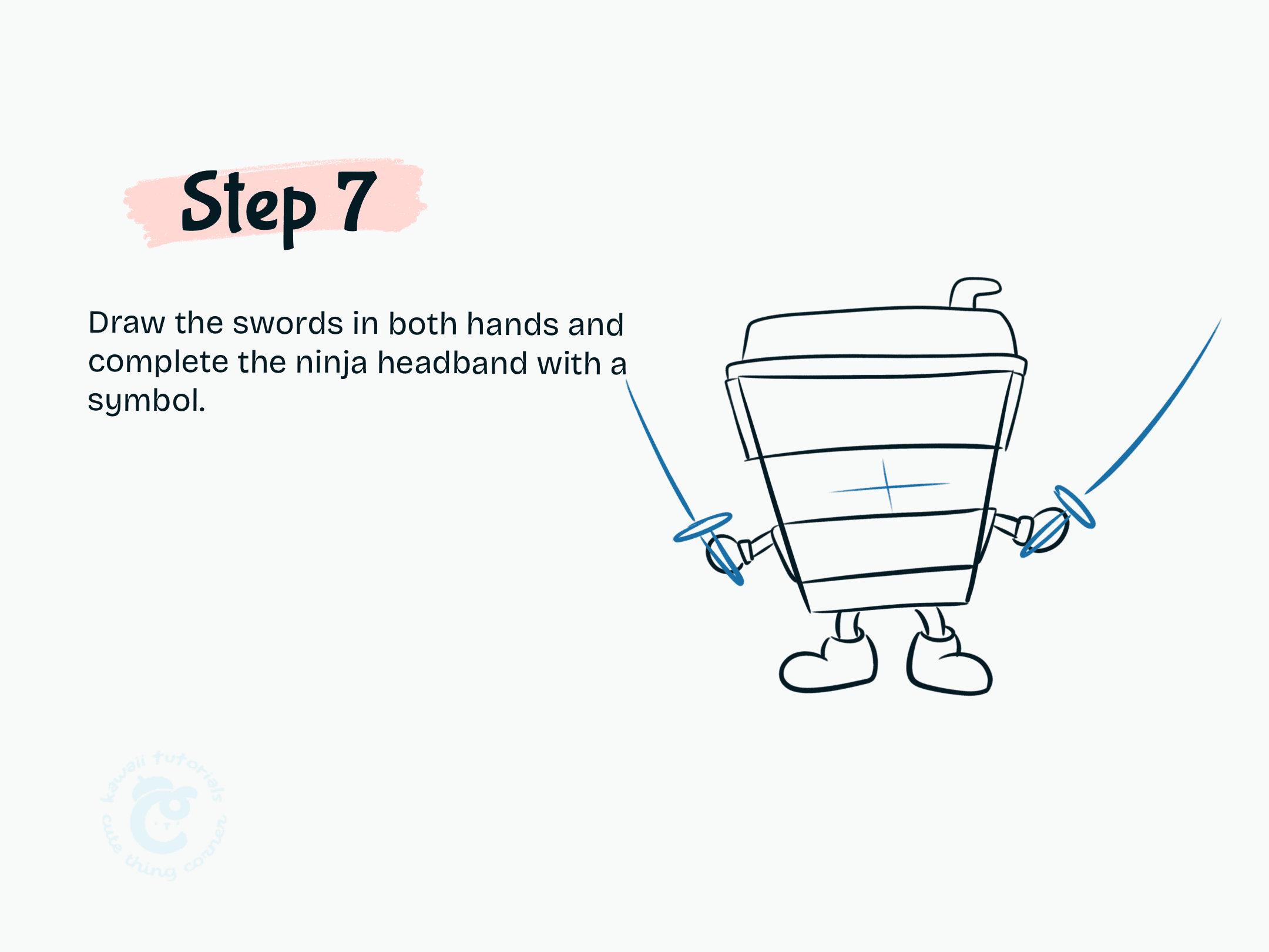 Step 7 Draw the swords in both hands and complete the ninja headband with a symbol