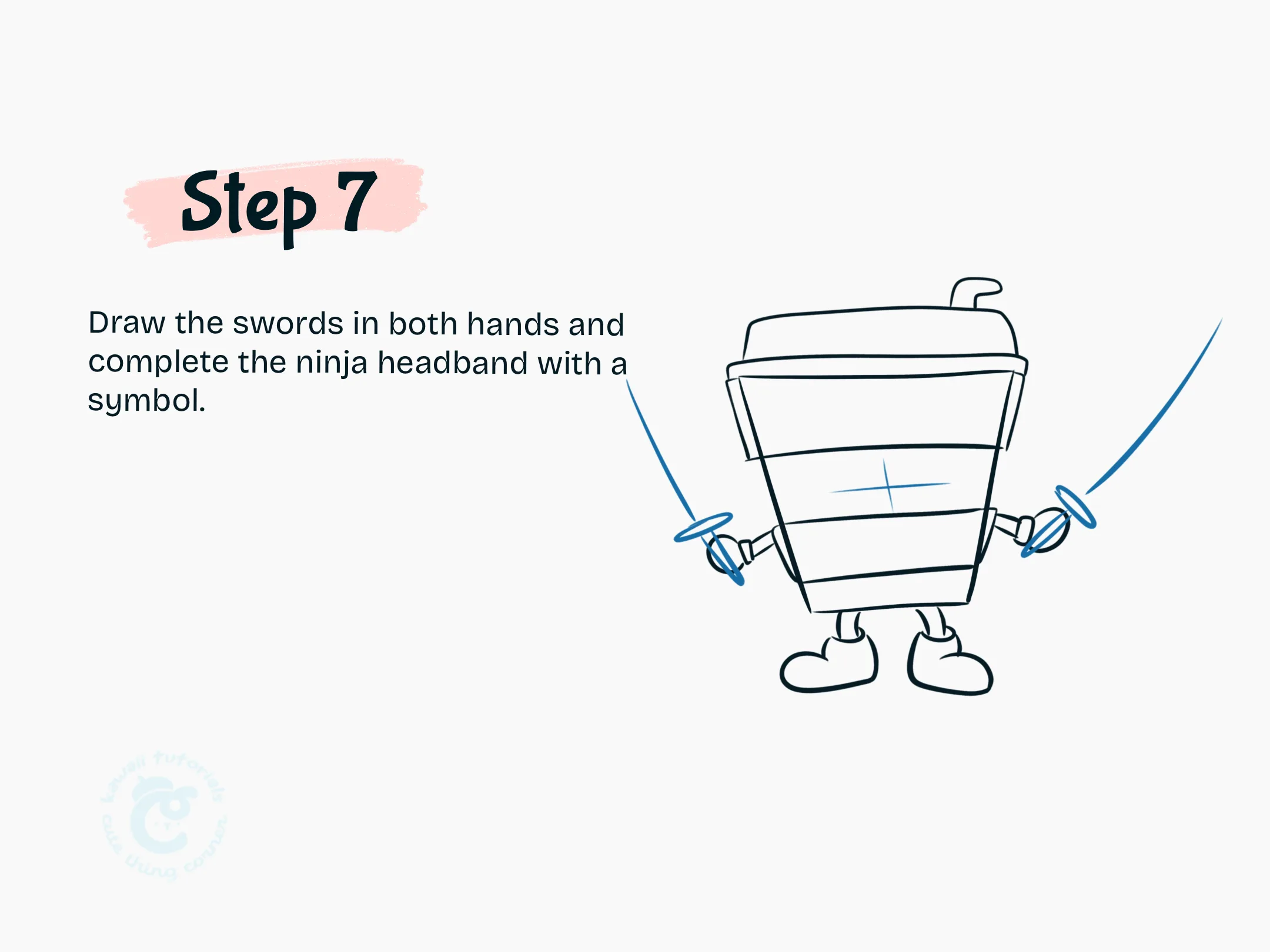 Step 7 Draw the swords in both hands and complete the ninja headband with a symbol