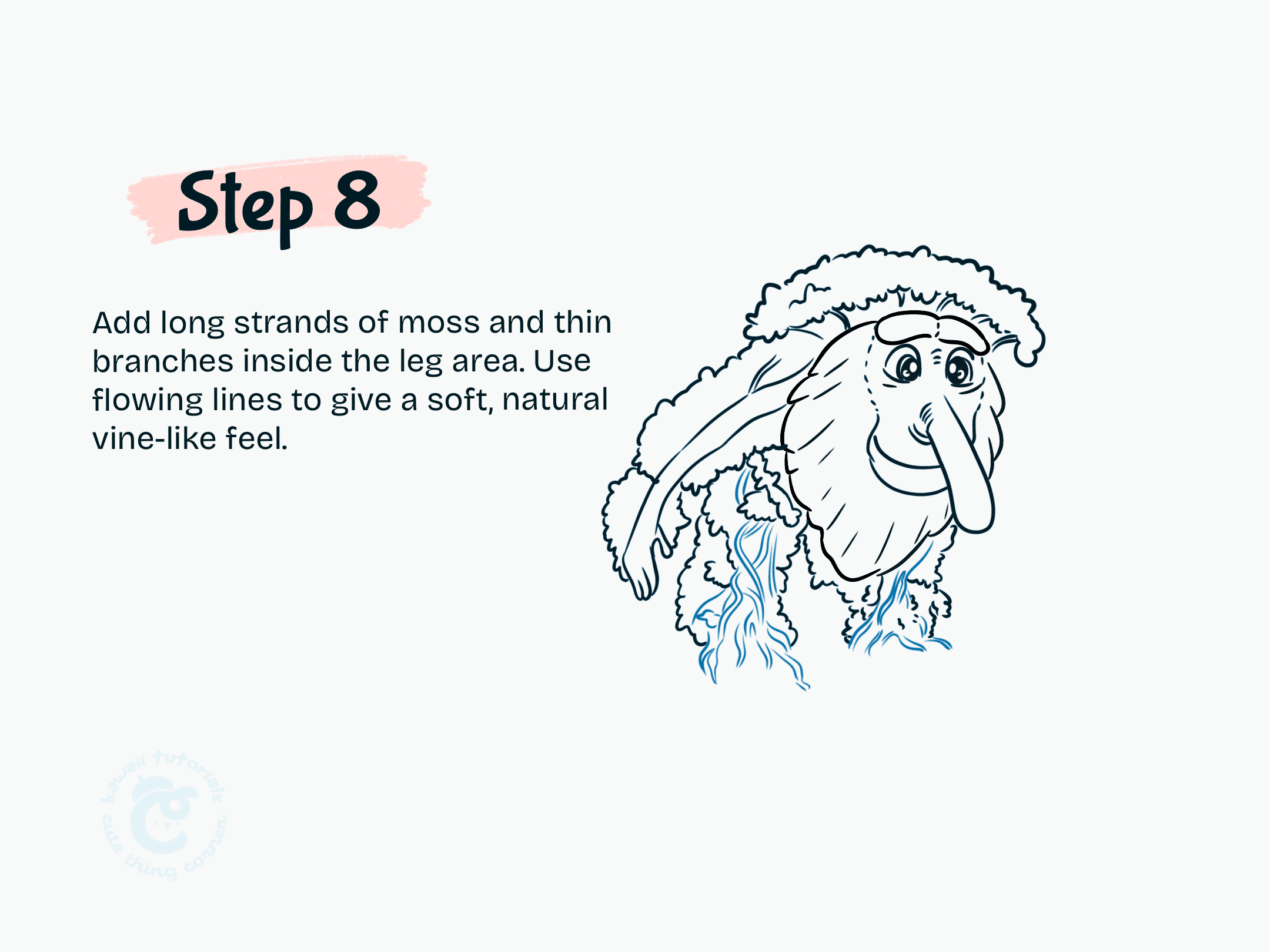 Step 8 Add long strands of moss and thin branches inside the leg area