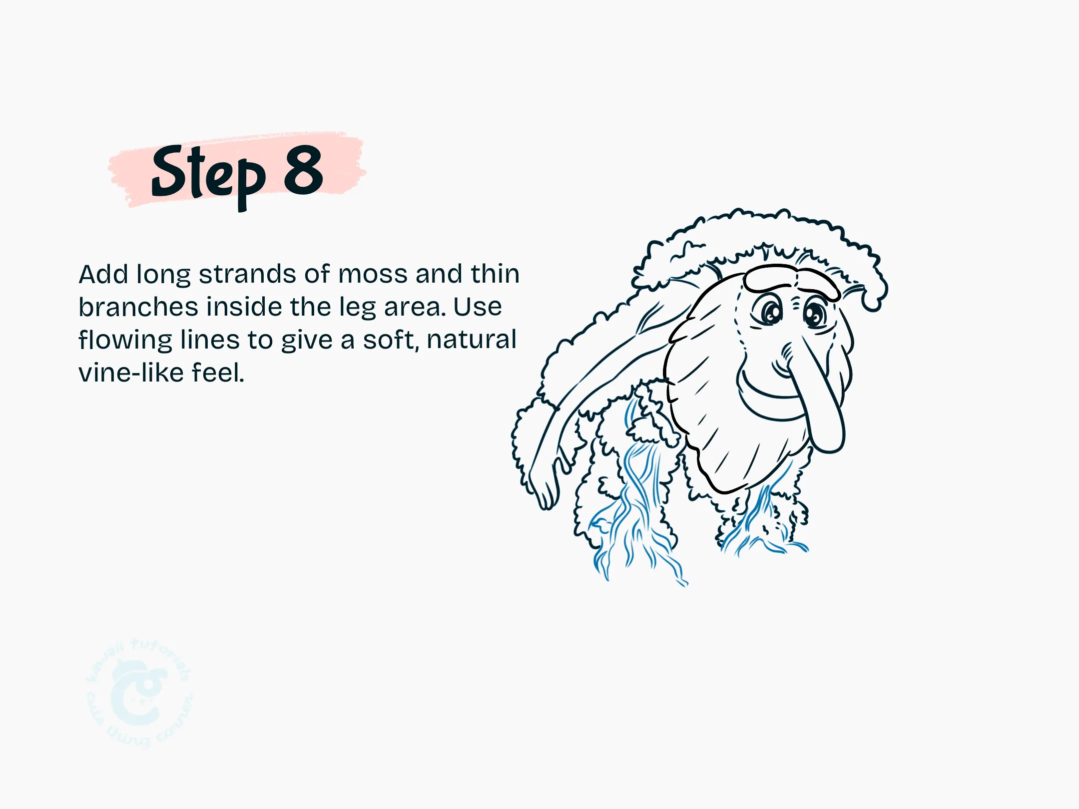 Step 8 Add long strands of moss and thin branches inside the leg area