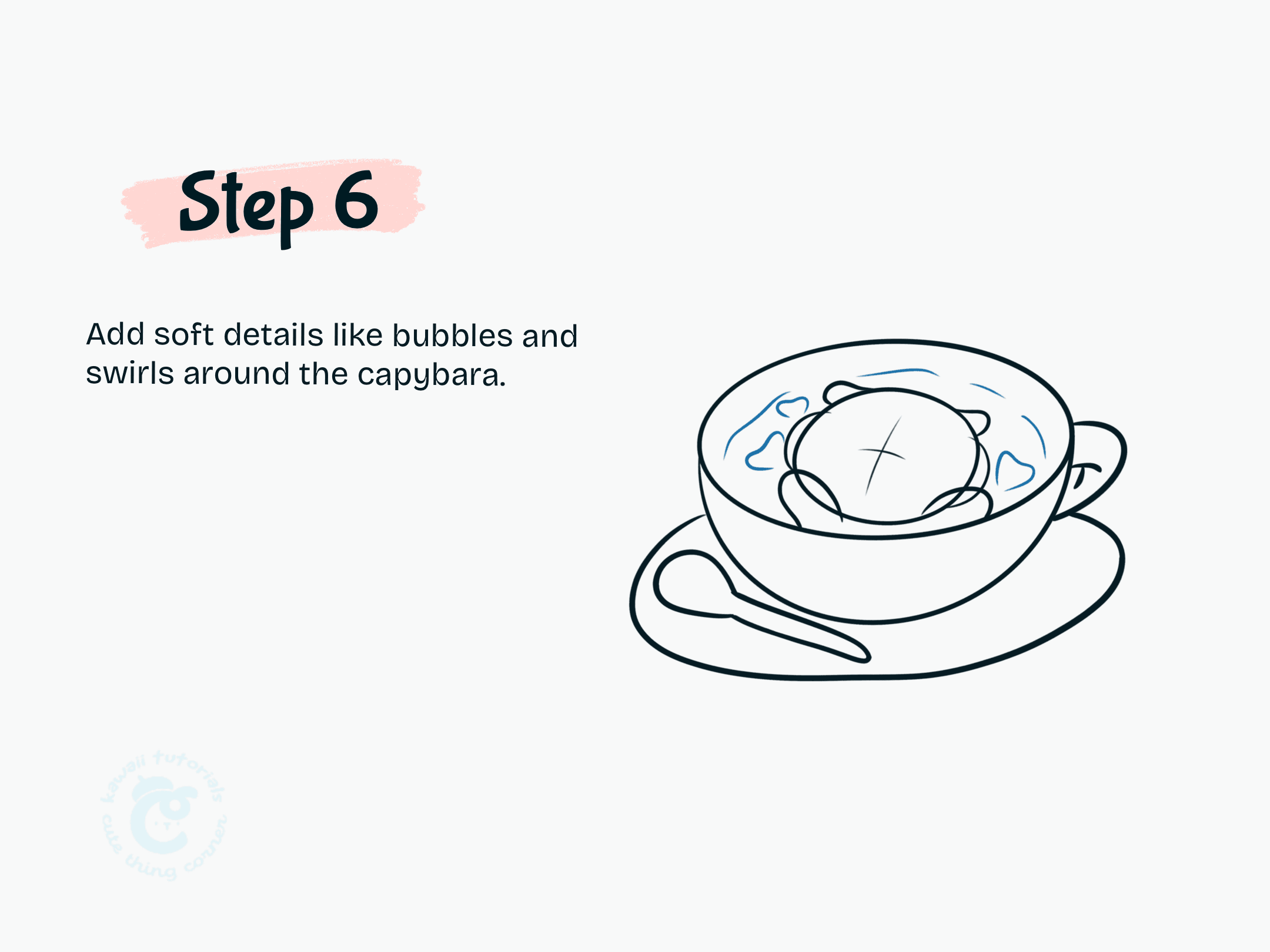 Add soft details like bubbles and swirls around the capybara.
