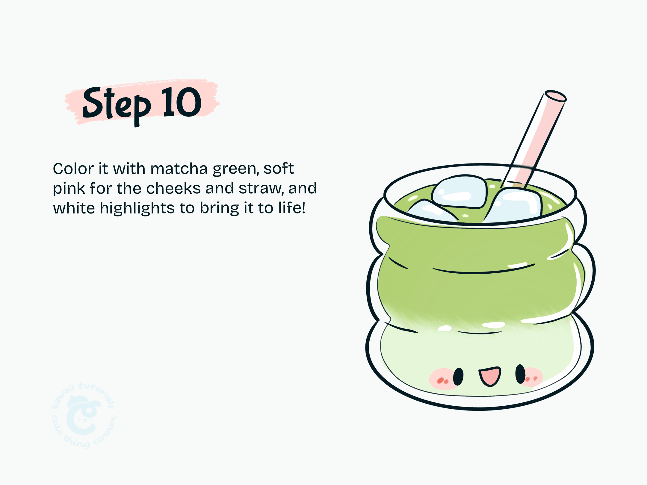 Color it with matcha green, soft pink for the cheeks and straw, and white highlights to bring it to life