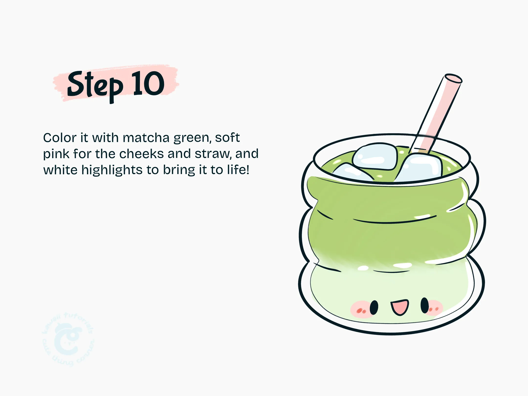 Color it with matcha green, soft pink for the cheeks and straw, and white highlights to bring it to life